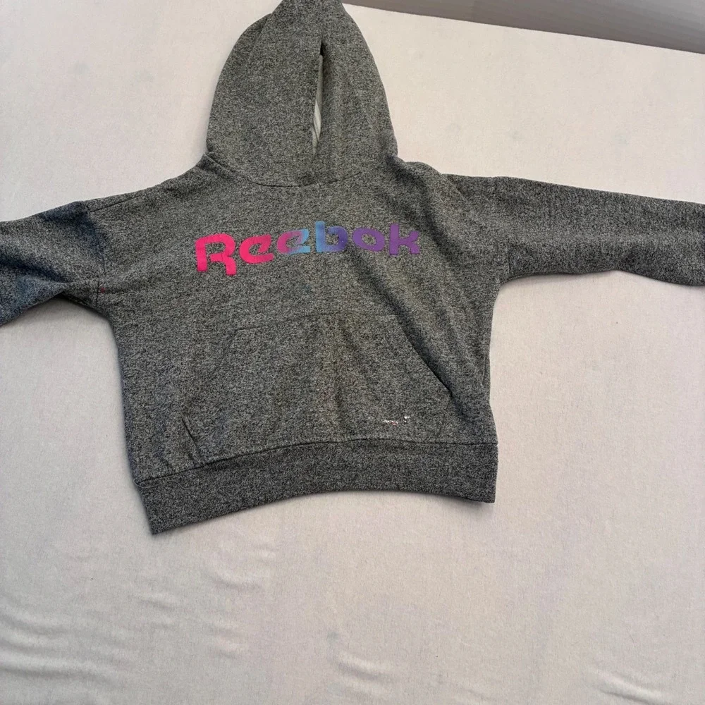 Reebok Kids Heather Gray Fleece Hoodie and Jogger Set Size 5 Pink Blue Logo